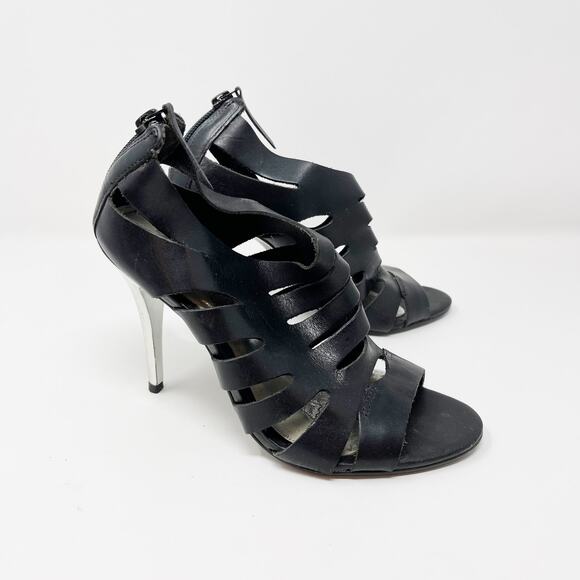 Cathy Jean Brazil 6 Black Leather Strappy Gladiator Heels Stiletto Silver Mirror - Picture 1 of 11